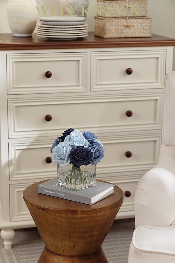 WELL KNOWN Rose Artificial Flowers in Vase with Faux Water, Silk Rose Table Centerpieces for Home Coffee Table Decor, Fake Roses Flower Arrangements for Office Hotel Lavatory Decor (Blue)