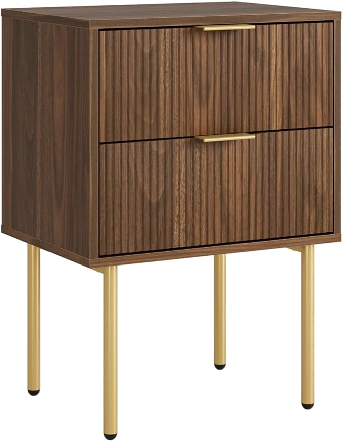 Nightstand,Morden Bedside Table with Gold Frame,Small White Night Stand,End Table,Bedside Furniture,Side Table with Drawer and Shelf for Bedroom,Living Room (2Drawers, Walnut Brown)