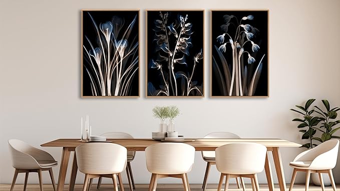 Large Modern Framed Wall Art - Natural Float Framed Blue Brown Flowers Black Canvas Pictures Decor Abstract Botanical Artwork for Living Room Bedroom Kitchen Home Office Decoration 60" X 28" Set of 3