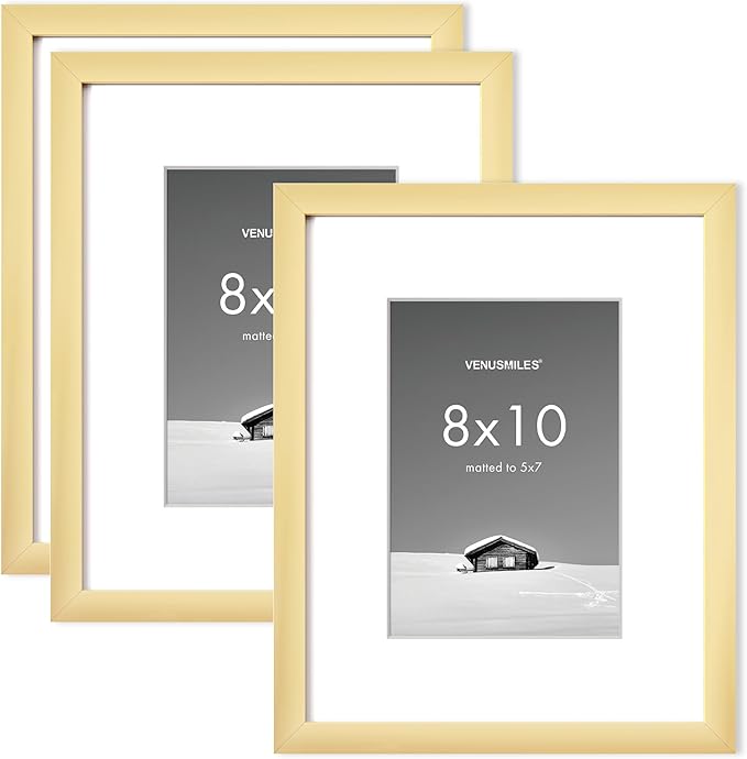 8x10 inch Picture Frame, 8x10 Photo Frames with 5x7 Removable Mat - High Definition Plexiglass - Vertical and Horizontal Display - Wall Hanging Frame - Gold, 3 Pack