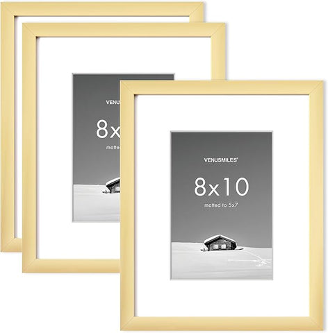 8x10 inch Picture Frame, 8x10 Photo Frames with 5x7 Removable Mat - High Definition Plexiglass - Vertical and Horizontal Display - Wall Hanging Frame - Gold, 3 Pack