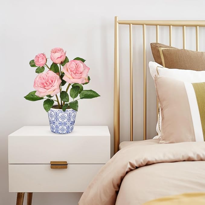 Hollyone Pink Roses Artificial Flowers in Blue and White Porcelain Vase 13.4" Fake Roses Flower Arrangement Artificial Plants & Flowers Potted Plant Faux Silk Rose Flower with Ceramic Pot Home Decor