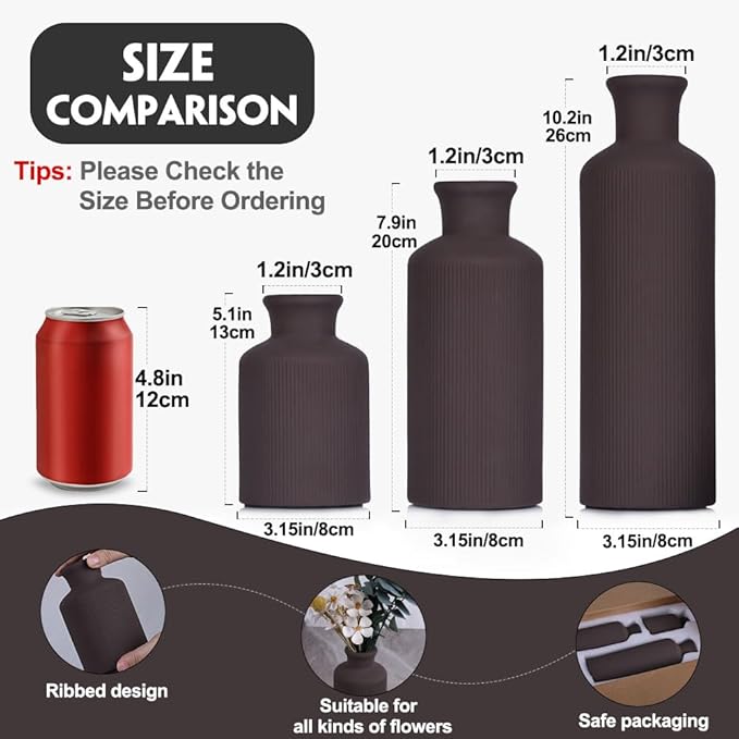 Brown Ceramic Vases Set - 3 Brown Small Vase, Farmhouse Country Vases Home Decor, Living Room Decoration, Table Decoration, Fireplace Decor, and Entrance Decorations Centerpieces