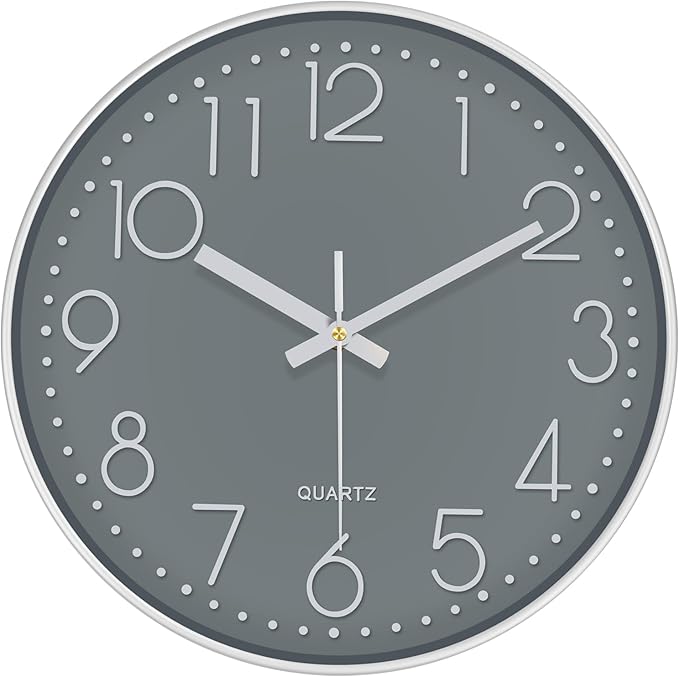 Modern Silent Wall Clock - 12 Inch Wall Clocks Battery Operated Large Number, Non-Ticking Analog Clock with Tempered Glass Quartz Clocks for Living Room Bedroom Office Kitchen, Grey