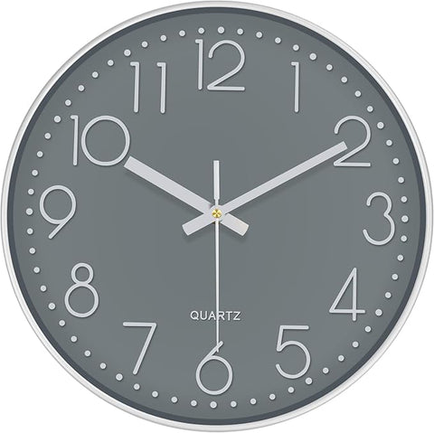 Modern Silent Wall Clock - 12 Inch Wall Clocks Battery Operated Large Number, Non-Ticking Analog Clock with Tempered Glass Quartz Clocks for Living Room Bedroom Office Kitchen, Grey