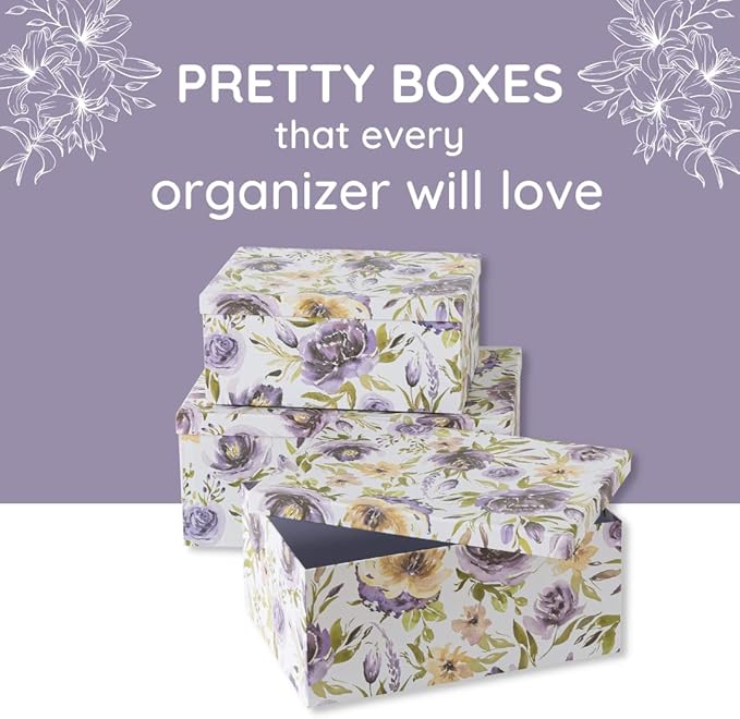 Soul & Lane Decorative Cardboard Storage Boxes with Lids for Home Decor and Organization, Set of 3 Large Keepsake Boxes for Memories & Gifts, Nesting Floral Photo Storage Containers, Purple Passion