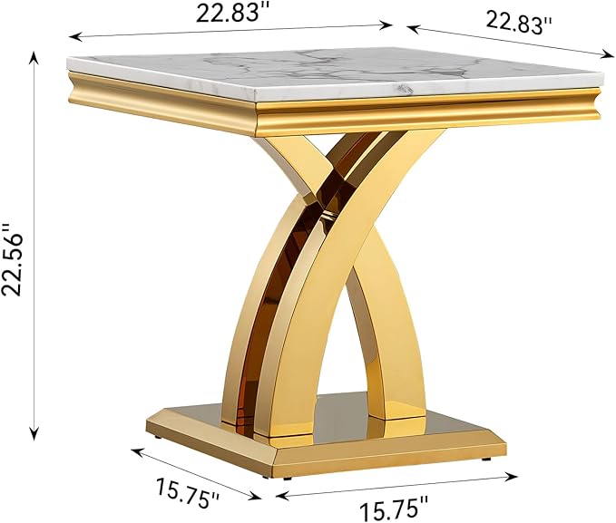 SSLine Modern White Faux Marble End Table Luxury Square Sofa Side Table with Gold Pedestal Base Mid-Century Elegant Bedside Table w/Mirrored Stainless Steel Frame for Living Room Bedroom