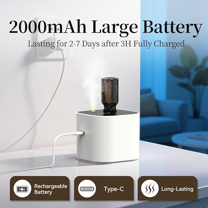 Waterless Essential Oil Diffuser,Portable Scent Diffuser with Battery Operated,3 Mist Modes,Fast Charging,Mini Aromatherapy Diffusers for Home,Bedroom,Office,Includes 10ml Essential Oil,White