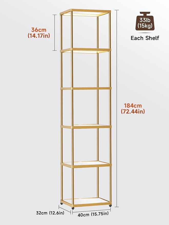 MANBUR Display Shelf with Dimmable LED Floor Lamp, Display Cabinet with Glass Bookcase, Home Decor, Bedroom Decor, Bookshelf with Light, Open Book Shelf with 6-Tier Shelf for Living Room Decor Gold