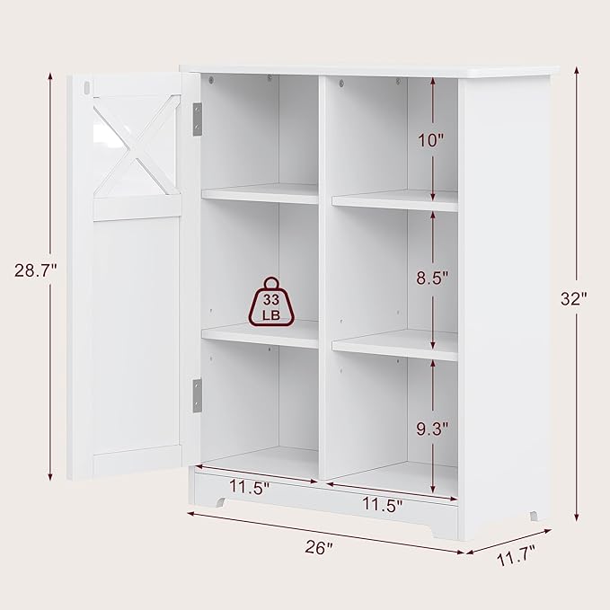 VECELO Bathroom Floor Storage Cabinet with 2 Adjustable Shelves, Freestanding Cabinet with 1 Door & 3 Open Compartments for Bathroom, White