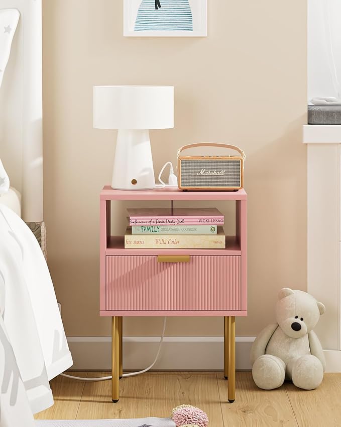 Nightstand,Morden Bedside Table with Gold Frame,Small White Night Stand,End Table,Bedside Furniture,Side Table with Drawer and Shelf for Bedroom,Living Room (1Drawer, Pink-Outlet)