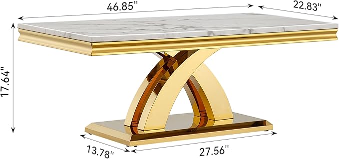 Modern Marble Coffee Table, 47" White and Gold Rectangle Coffee Table with Faux Marble Top & Golden Geometric Stainless Steel Base, Rectangle Living Room Tea Table Center Table for Home Office