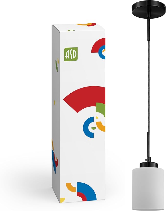 ASD Single Mini-Pendant Ceiling Light Fixture | 60W E26 Socket 120V | Dimmable, LED/CFL/Incandescent Bulbs Compatible, ETL Listed | Hanging Kitchen Island Lighting, Frosted Drop Lamp | Black