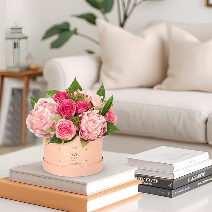 Hollyone Pink Peonies Roses Artificial Flowers in Vase Round Gift Boxes with Fake Flowers Arrangements Faux Flowers Floral in Box Vase for Her Mothers' Day Valentine's Day Christmas Birthday Gift
