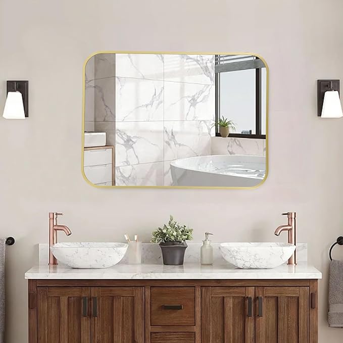 FARMER 48x30 Inch Matte Gold Bathroom Mirrors for Wall, Brushed Bathroom Vanity Mirror with Rounded Edge, Metal Framed Rectangle Mirrors for Bathroom or Living Rooms, Hangs Horizontally or Vertically