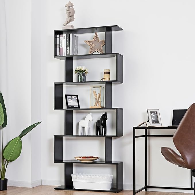 Tangkula 6-Tier Geometric Bookcase, Modern S-Shaped Storage Display Bookshelf for Living Room, Anti-Toppling Device, Home Office Wooden 6 Shelf Open Bookcase (2, Black)