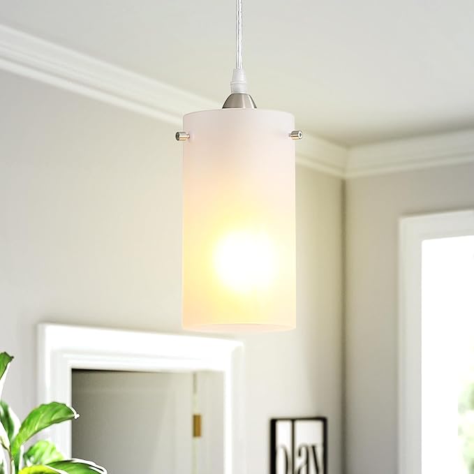 1-Light Mini Pendant Light Fixtures, Modern Chandelier Hanging Ceiling Light with White Frosted Shade, Brushed Nickel Pendant Lighting Adjustable Height, 3 Pack