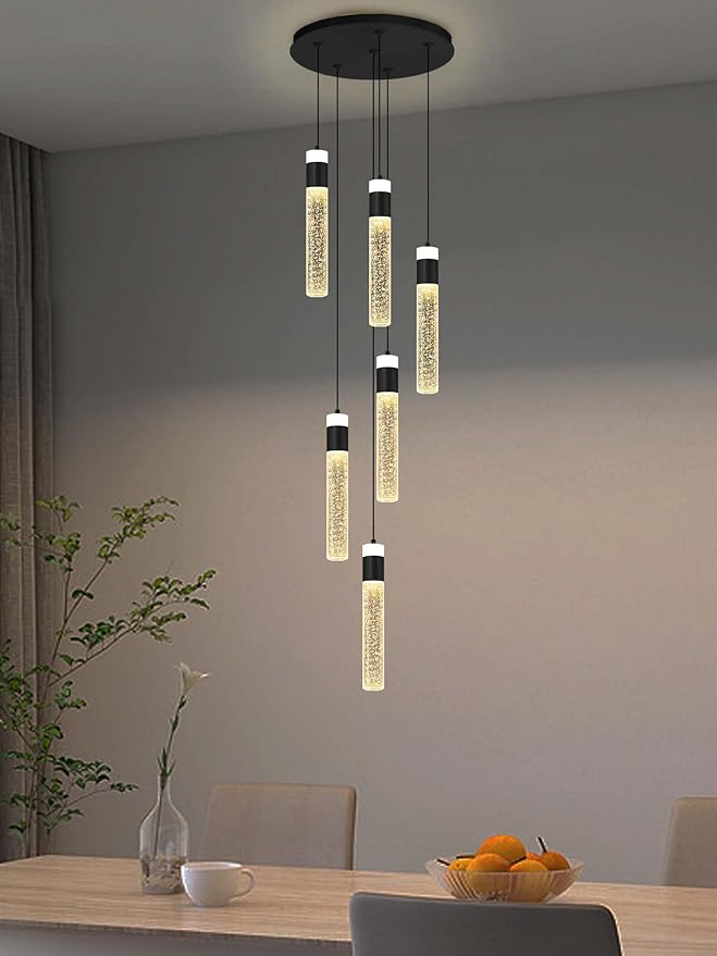 6-Light Black Modern Crystal Raindrop Chandelier for Dining Room Entrance Long Crystal Bubble Column Chandelier for High Ceiling Lighting Fixtures LED Lampara, 3000k-6000K