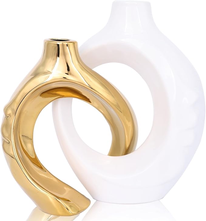 White Gold Ceramic Decorative Vase Home Decor, White and Gold Vase Set of 2, Pampas Grass Decorative Vase, Coffee Table Vase, Entryway Table Decor (White Gold)