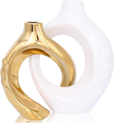 White Gold Ceramic Decorative Vase Home Decor, White and Gold Vase Set of 2, Pampas Grass Decorative Vase, Coffee Table Vase, Entryway Table Decor (White Gold)