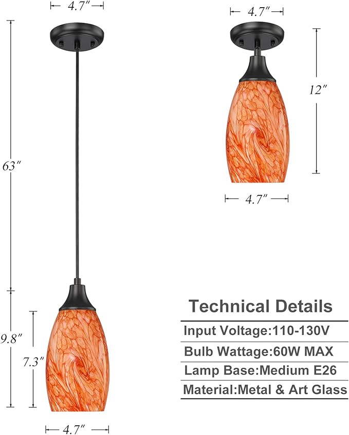 mini Pendant Lights for Kitchen Island Pendant Replacement Art Glass Shades with Black Adjustable Cord Glass Pendant Lighting for Kitchen Counter,Hallway,Dining Room,Bathroom