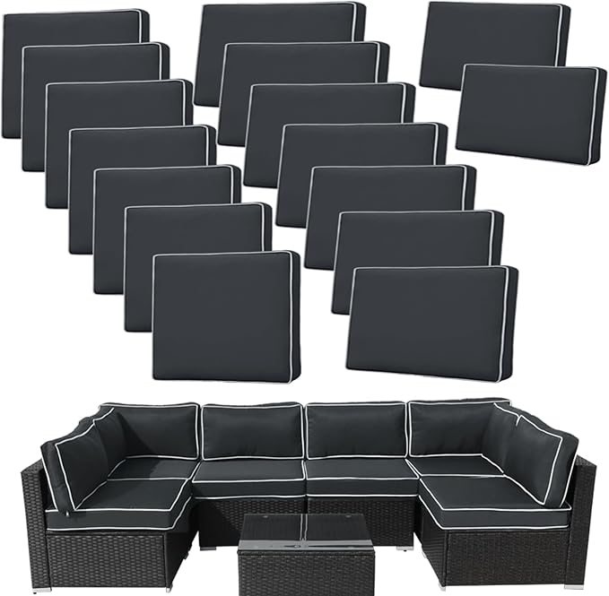 14Pieces Patio Cushion Covers Replacement,Waterproof Outdoor Cushions Covers for 6-Seaters Sofa,Slipcovers Set with Zippers,Washable Cover Only(Black Gray+White)