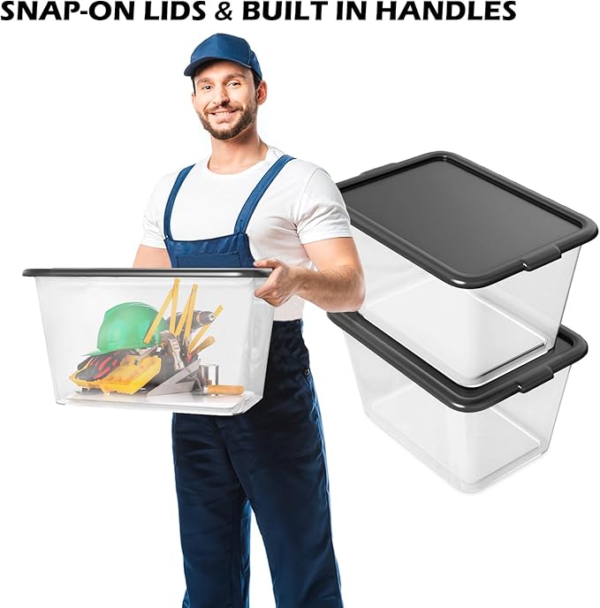 Storage Totes with Lids - Made in USA 14.5-Gallon (58-Quart) 4-Pack storage bins with lids plastic storage containers large storage boxes for Organizer Black/Clear