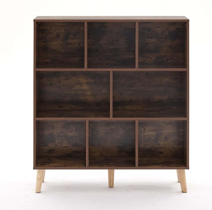 8 Cube Wood Bookshelf, 3 Tier Modern Bookcase with Legs, Open Display Cubby Bookshelf Freestanding Book Shelves for Home Office, Living Room, Bedroom, Brown