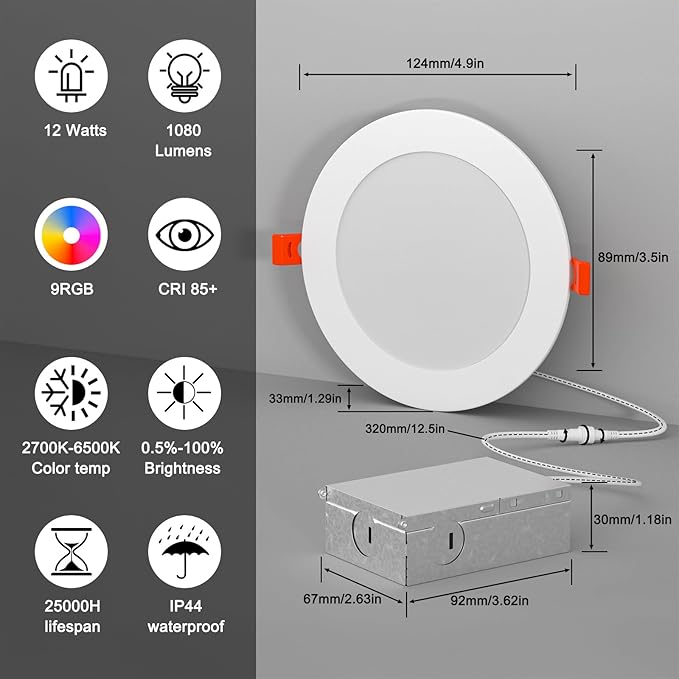 Recessed Lighting 4 Inch RGBCW Color Changing 12W LED Downlights with Junction Box,1080Lumens Canless LED Recessed Ceiling Lights Dimmable by Remote Control, Dual Memory,Timer,Delayed Off, ETL,6 Pack