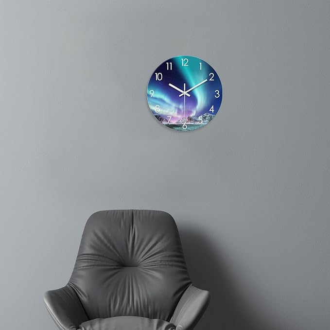 XNM Polar Light Wall Clocks Battery Operated 14 Inch Glass Iceberg Clock Silent Round Turquoise Wall Clock for Kitchen