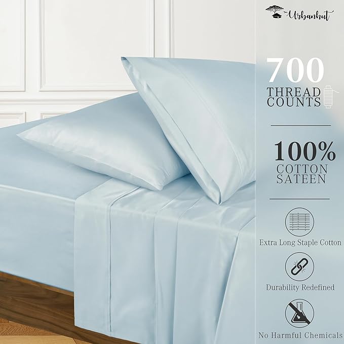 URBANHUT 700 Thread Count Queen Size Egyptian Cotton Sheets, 4Pc Sheet Set Soft Luxury Bed Sheets for Queen Size Bed, Sateen Weave Hotel Sheets, 16'' Elasticized Deep Pocket - Light Blue
