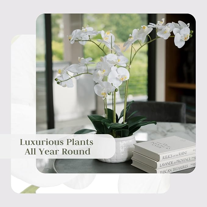 Faux White Orchid Plant, Premium Artificial Indoor Flower Display Stands 23”, Beautiful Sculptural Blooms That Lasts Forever, White Planter Pot Included