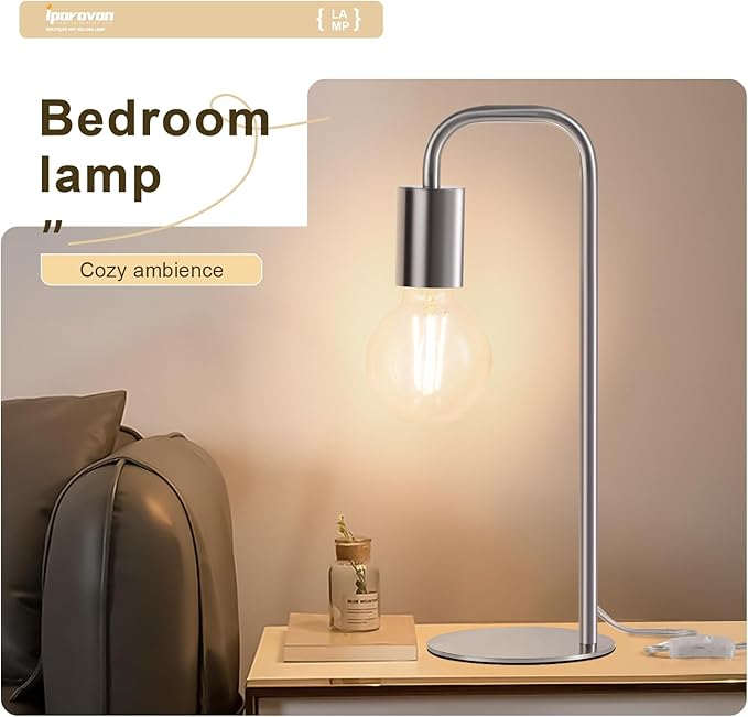 Industrial Table Lamp for Bedroom, Small Side Table Lamp for Nightstand with Wire Switch, E26 Socket Base, Modern Desk Lamp for Living Room, Reading, Office (Bulb Not Included), Silver