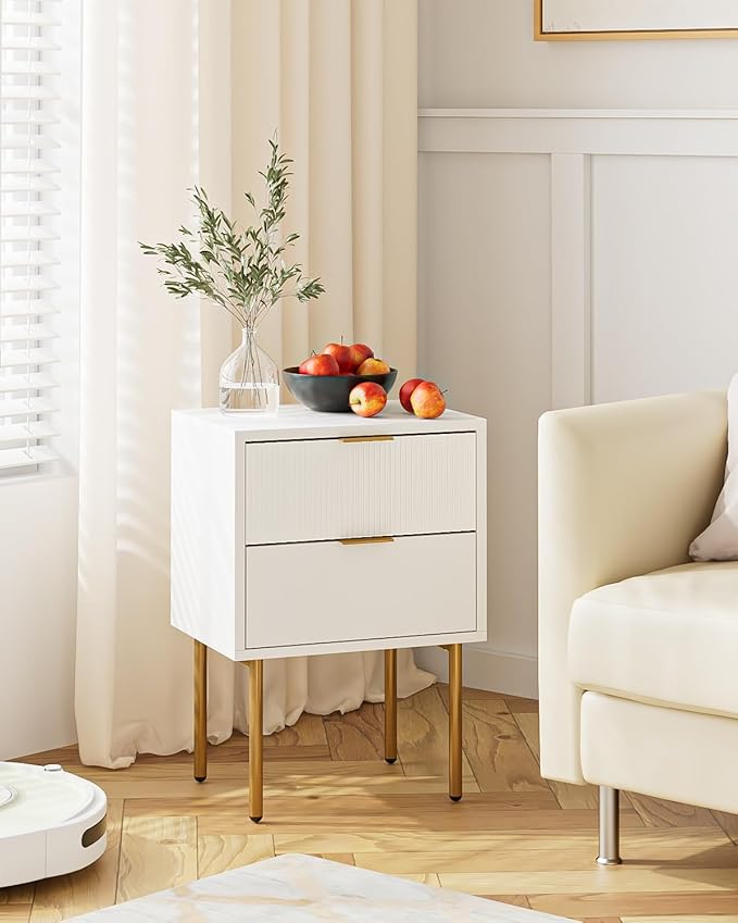 Nightstand,Morden Bedside Table with Gold Frame,Small White Night Stand,End Table,Bedside Furniture,Side Table with Drawer and Shelf for Bedroom,Living Room (2Drawers, White)