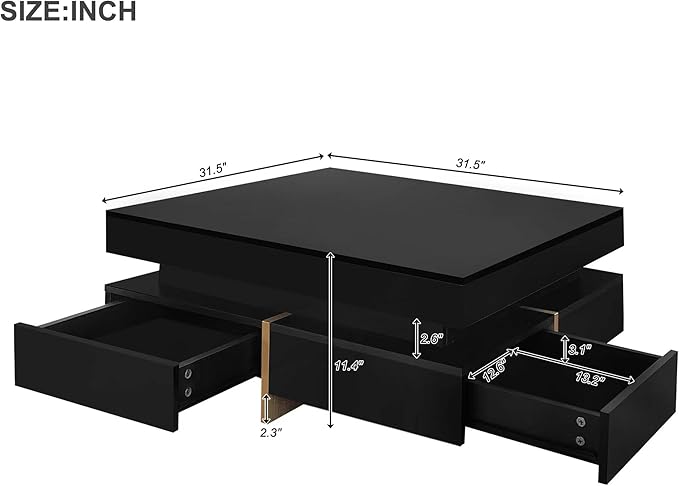 Modern Coffee Table with Storage, Contemporary Square Coffee Table with Drawers, High Gloss Modern Center Table for Living Room, Reception Room, Office, Black, 31" D X 31" W X 11" H