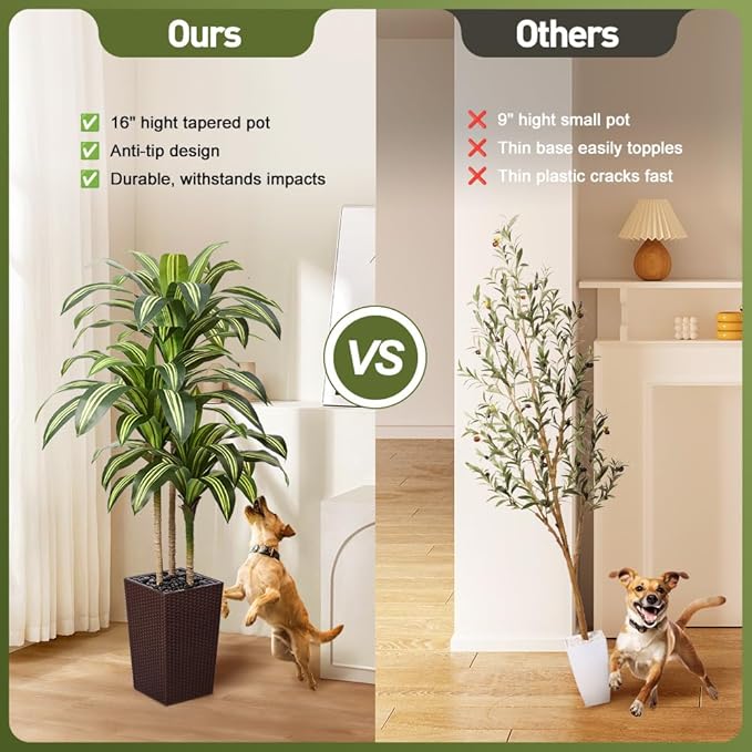 Artificial Dracaena Tree 5FT - UV Resistant Faux Tree with Large Taper Planter & Pebbles - Tall Fake Plants Indoor & Outdoor, Potted Floor Plant for Home Living Room Porch Decor, VN127