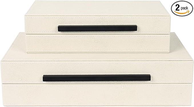 Beige Shagreen Decorative Storage Boxes – Set of 2 Faux Leather Jewelry & Memory Boxes with Black Metal Handles, Nesting Photo Organizers for Home Decor, Gift, and Office Organization