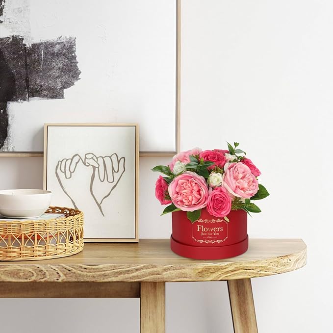 Hollyone Red Pink Artificial Peonies Roses in Vase Round Gift Boxes with Fake Flowers Arrangements Faux Flowers Floral in Box Vase for Her Mothers' Day Valentine's Day Christmas Birthday Gift