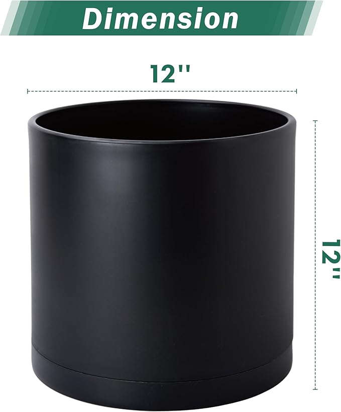 D'vine Dev 2 Pack 12 Inch Modern Plastic Plant Pots, Small Garden Planters for Plant with Drainage Holes and Saucers, Black Color, 74-Y-P-1