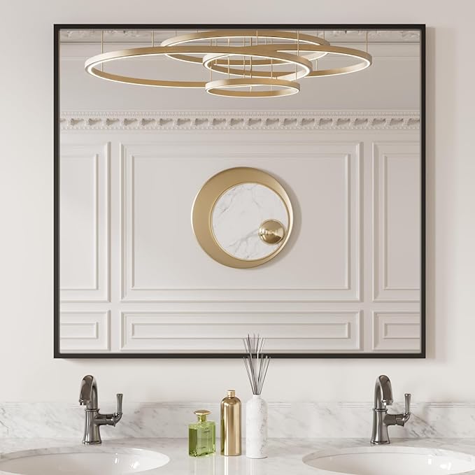 LOAAO 40"X36" Black Rectangle Bathroom Mirror Wall, Matte Black Aluminum Alloy Frame, Tempered Glass, Hangs Vertically or Horizontally, Easy to Install
