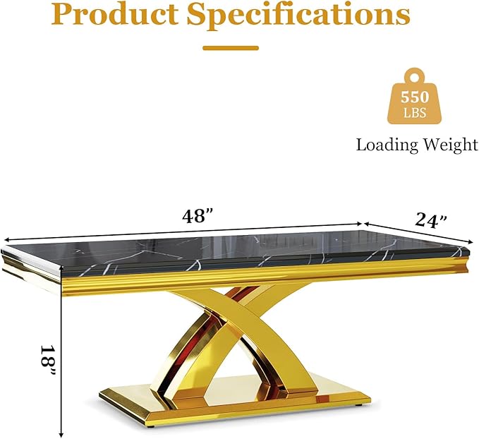 AUZ 48“ Black and Gold Coffee Table for Living Room, Guest Hall, Luxury Rectangle Center Table with Polished Metal Base