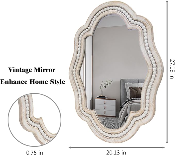 Decorative Bathroom Mirror with Elegant Scalloped Design, Stylish Wall Mirror, White Trim Wood Beaded Accent, Vintage Mirror for Bathroom, Entryway, or Bedroom