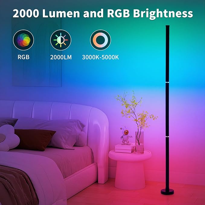 Corner Floor Lamp, Smart RGB Floor Lamp with Music Sync and 16 Million Colors, Color Changing Standing Floor LED Lights for Bedroom Living Room Decor, Ambient Mood Lighting Gaming Black (2 Pack)