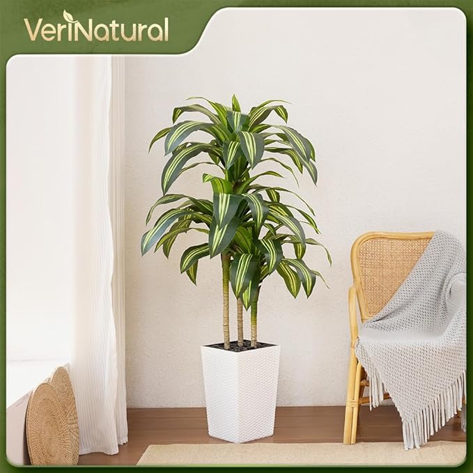Artificial Dracaena Tree 5FT - UV Resistant Faux Tree with Large Taper Planter & Pebbles - Tall Fake Plants Indoor & Outdoor, Potted Floor Plant for Home Living Room Porch Decor, VN127