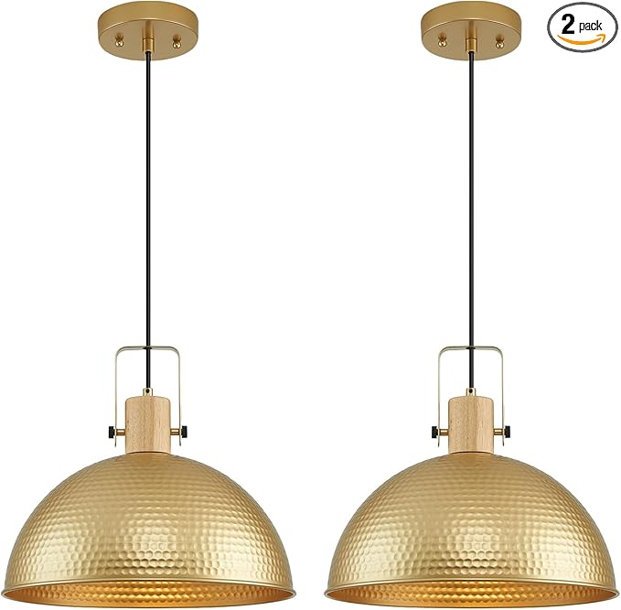 16 Inch Gold Pendant Lights Hammered Matte Pendant Lights for Kitchen Island Industrial Farmhouse Adjustable Height Dome Hanging Light Fixtures for Barn, Dining Room 2 Packs