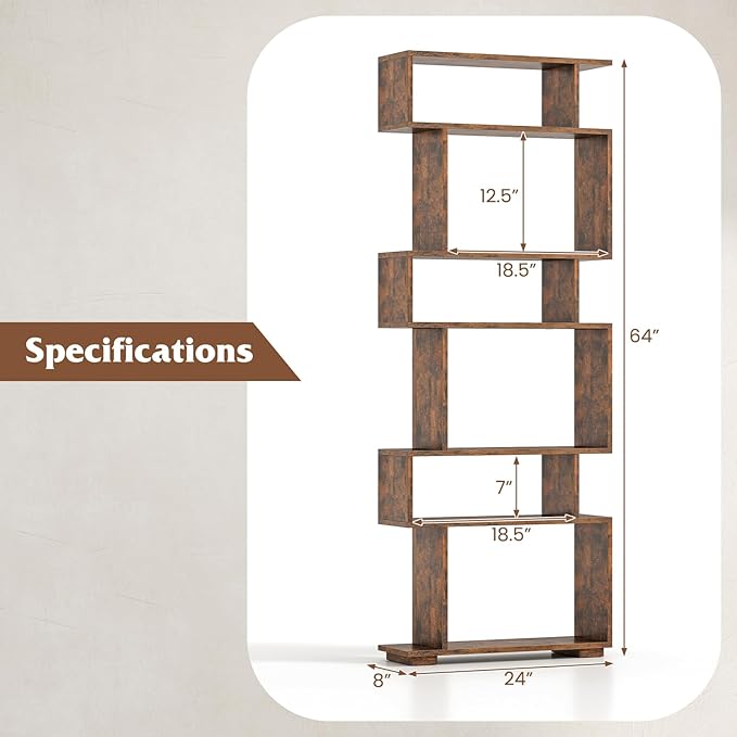 Tangkula 6-Tier S-Shaped Bookshelf, 64" Freestanding Geometric Bookcase, Home Office Wood Storage Shelf with Anti-Toppling Device, Room Divider Display Rack for Study, Living Room (2, Rustic Brown)