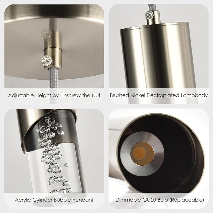 Pendant Light Fixture, Bubble Acrylic Pendant Lights Kitchen Island, 1 Light Dimmable Brushed Nickel Cylinder Pendant Island Hanging Light for Dining Room, 3000K