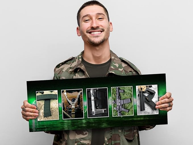 Personal Prints | Tactical Shooting Personalized Firearm Name Art Print | Customized Gift for the Gun or Second Amendment Enthusiast | Unique Photos to Spell Any Name | USA Made Sign Décor | (Modern