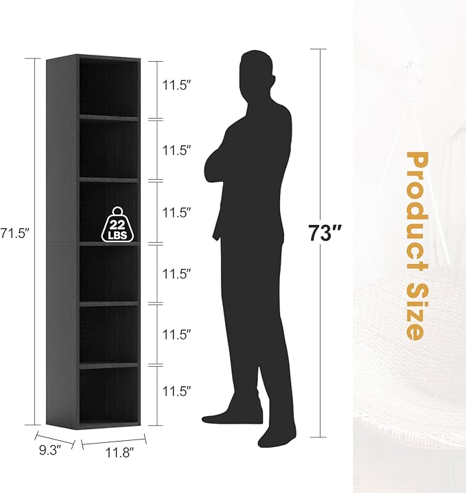 71.5" Tall Narrow Bookshelf, 6 Tier Floor Standing Bookcase, Open Bookshelves Storage Organizer Display Shelves, Modern Corner Bookshelf Storage Cabinet for Living Room, Office, Black
