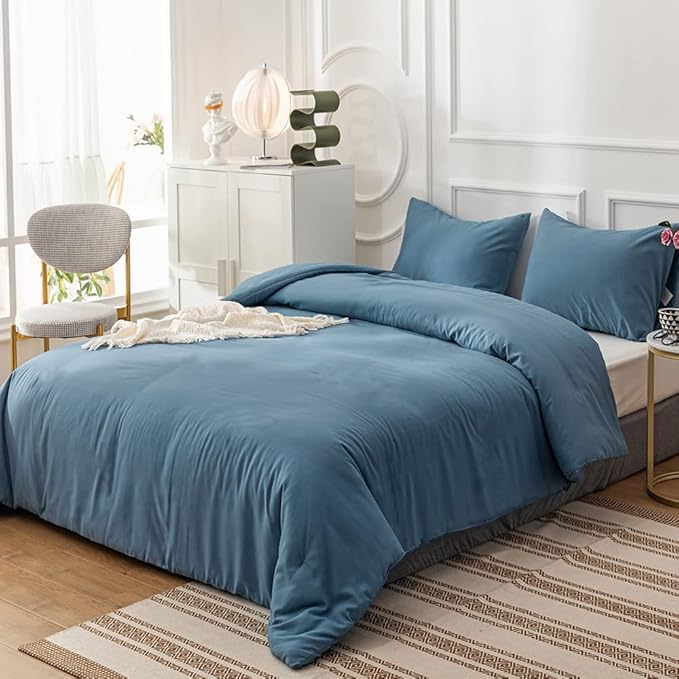 Pureant Blue Comforter Set California King Dusty Blue Bedding Comforter Sets for Women Men Cotton Lake Blue Cal King Comforter Soft Grayish Comforter Sets Solid Color Quilt
